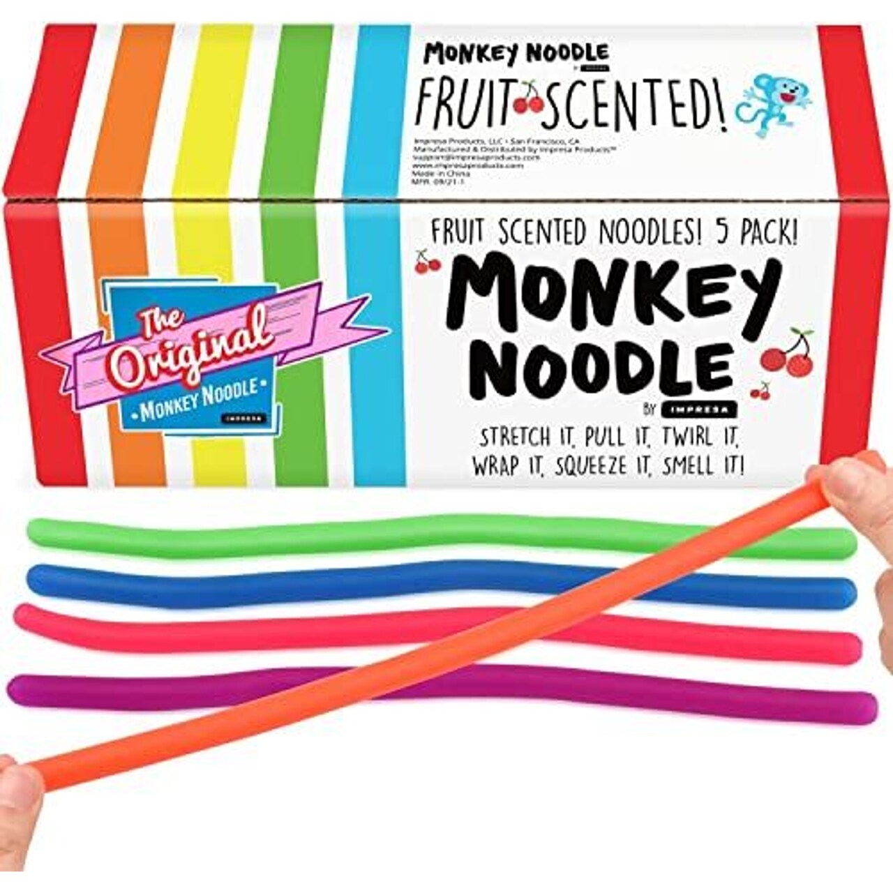 IMPRESA 5-Pack Sweet Scented Monkey Noodle Stretchy String Fidget/Sensory Toys (BPA/Phthalate/Latex-Free) - Squishy Fidget Toy - Stretches from 10 Inches to 8 Feet! Multicolored, Ages 3-14